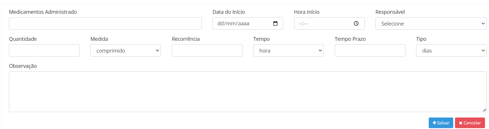 Tela de Inclusão de Tratamento
